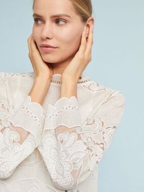 Anthropologie James Coviello Delicate Lace Blouse with Scallop Trim Size 6